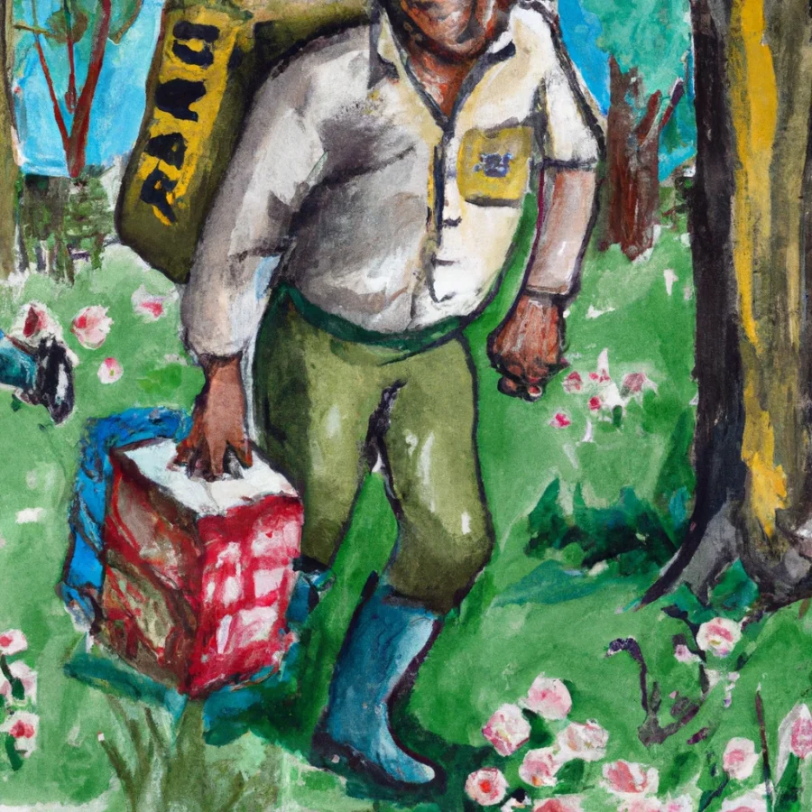 DALL·E 2023 04 12 18.25.49 una pintura de un traficante cargando un saco lleno de abejas